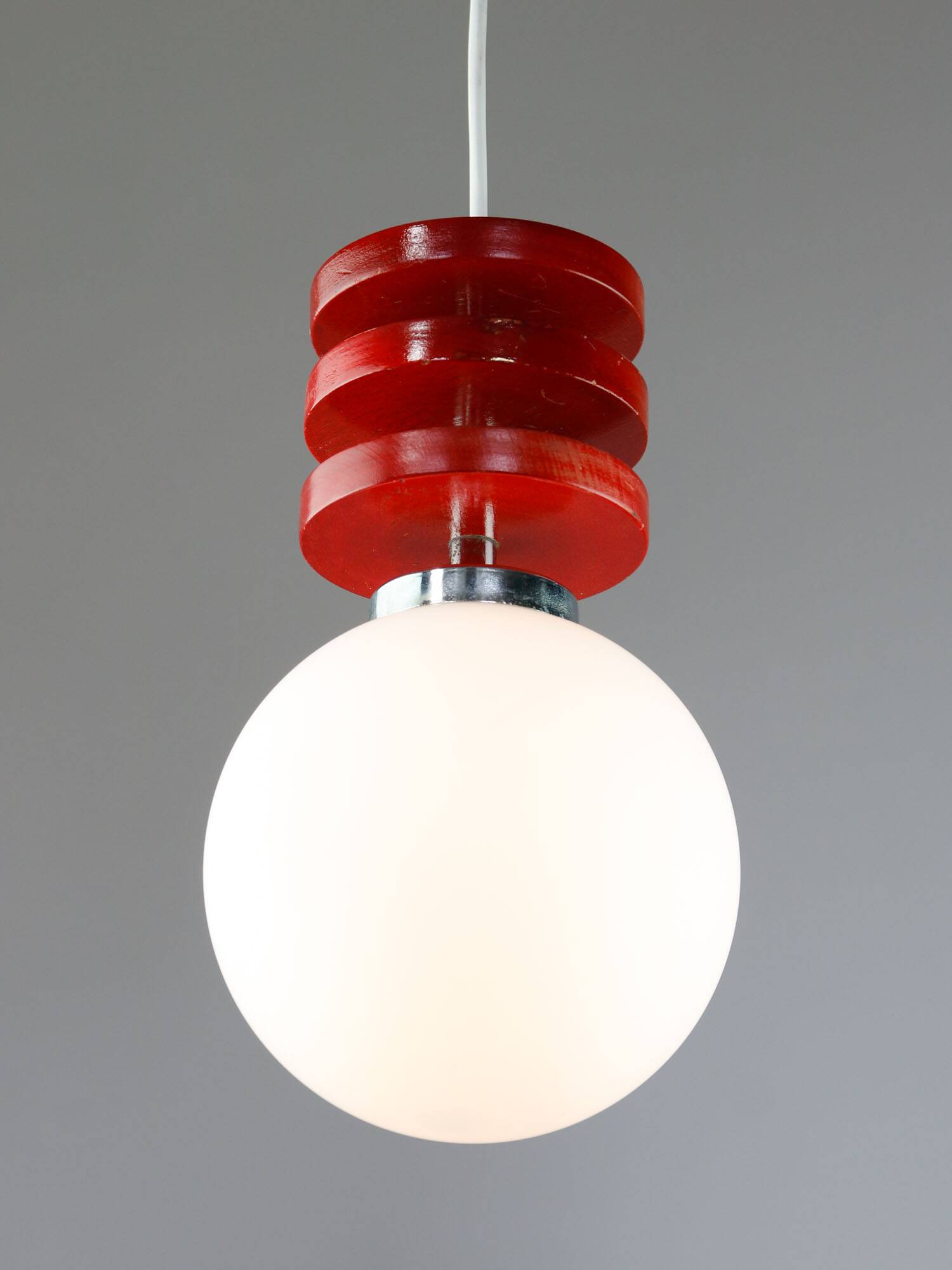 Vintage Italian Red Disc Pendant Lamp In Chrome and Wood, 1970s