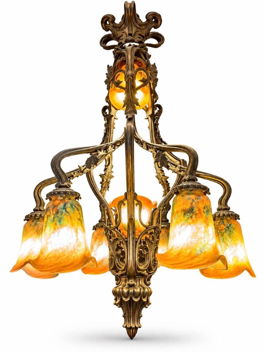 Large 8-light bronze chandelier, Art Nouveau, Nancy School – Around 1900