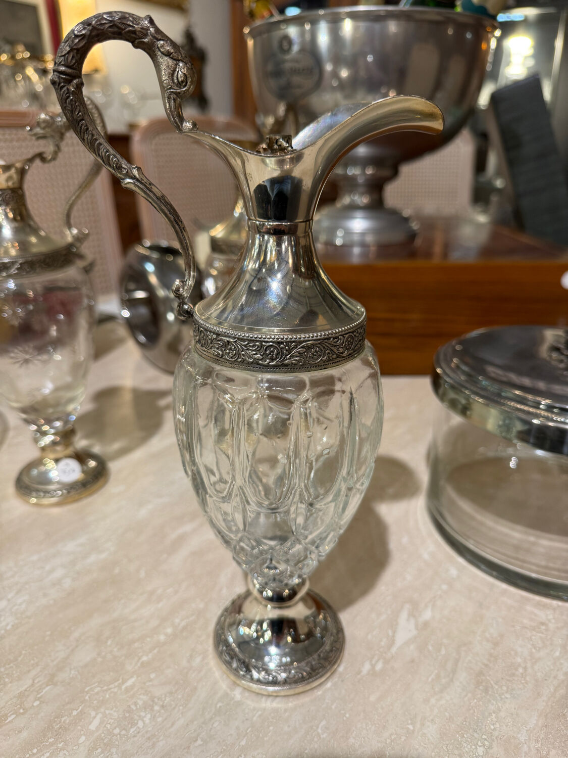 Silver-plated metal and crystal carafe