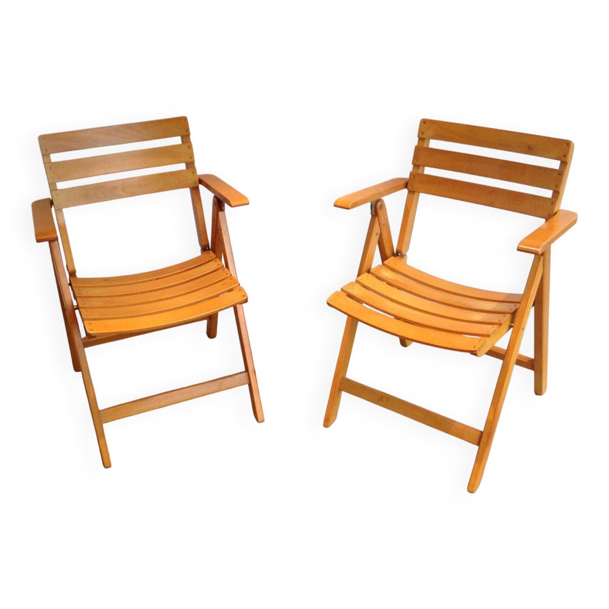 Pair of varnished wooden folding armchairs signed Clairitex.