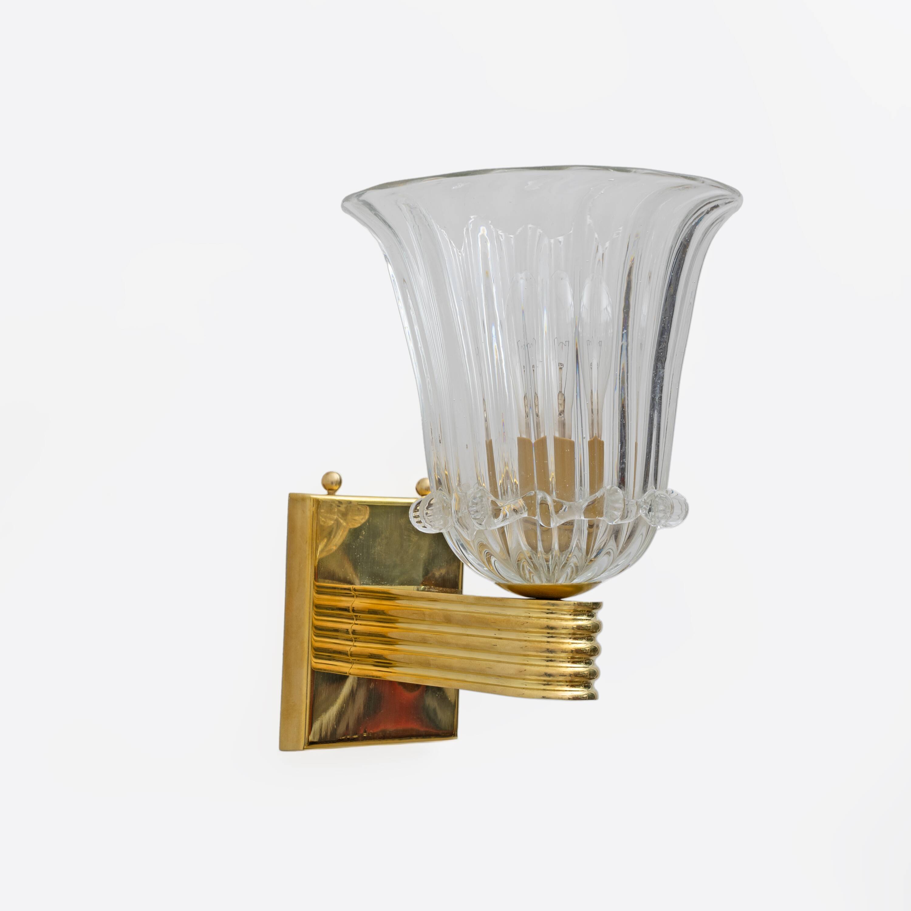 Attributed to Barovier & Toso Brass and Pulegoso Murano Glass Sconces, Pair