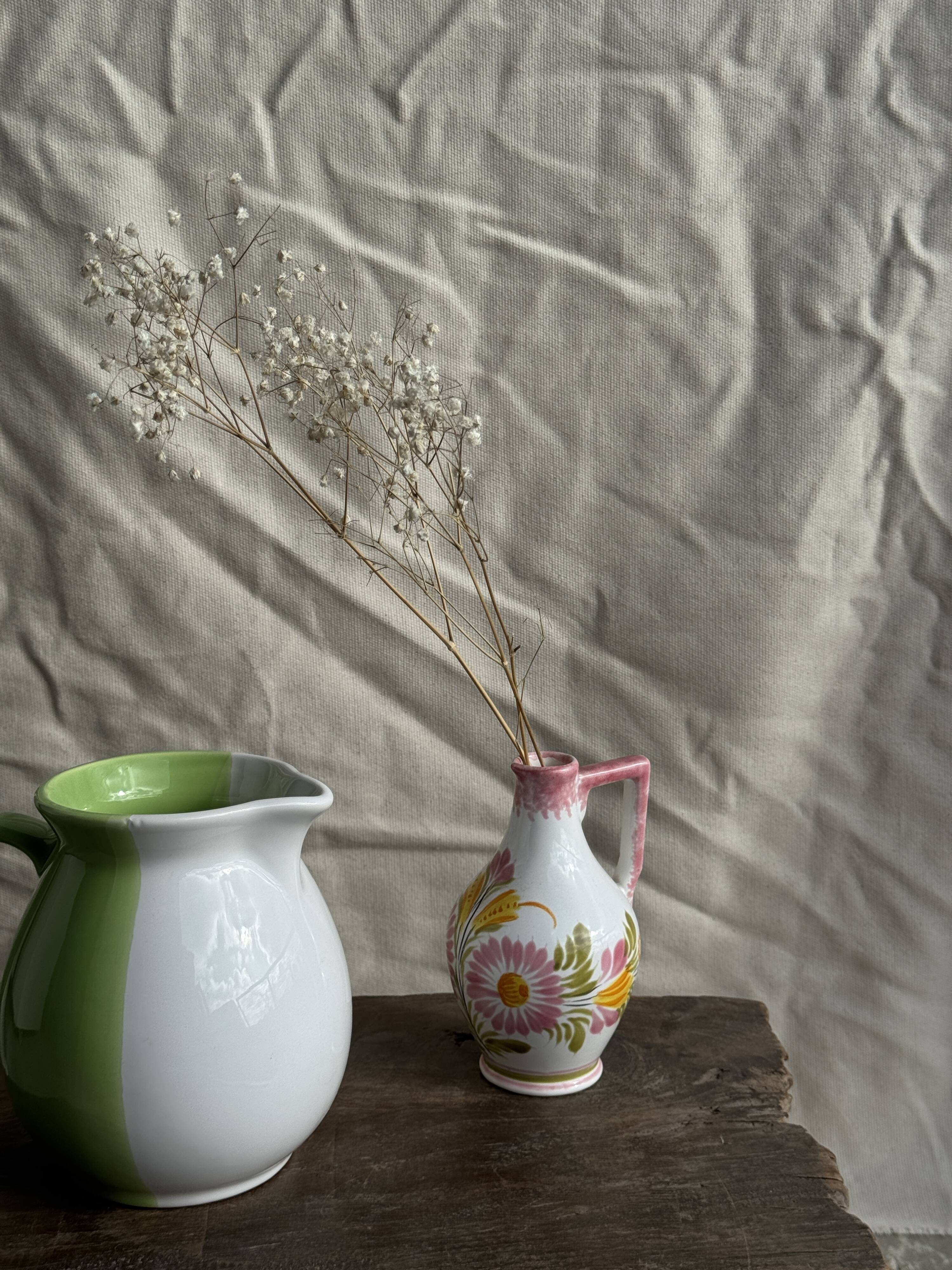 Mini vase with stylised flowers in green and yellow roses, H15.5.