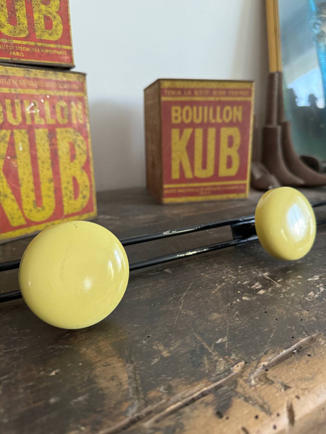 Wall coat rack with 4 vintage yellow metal hooks