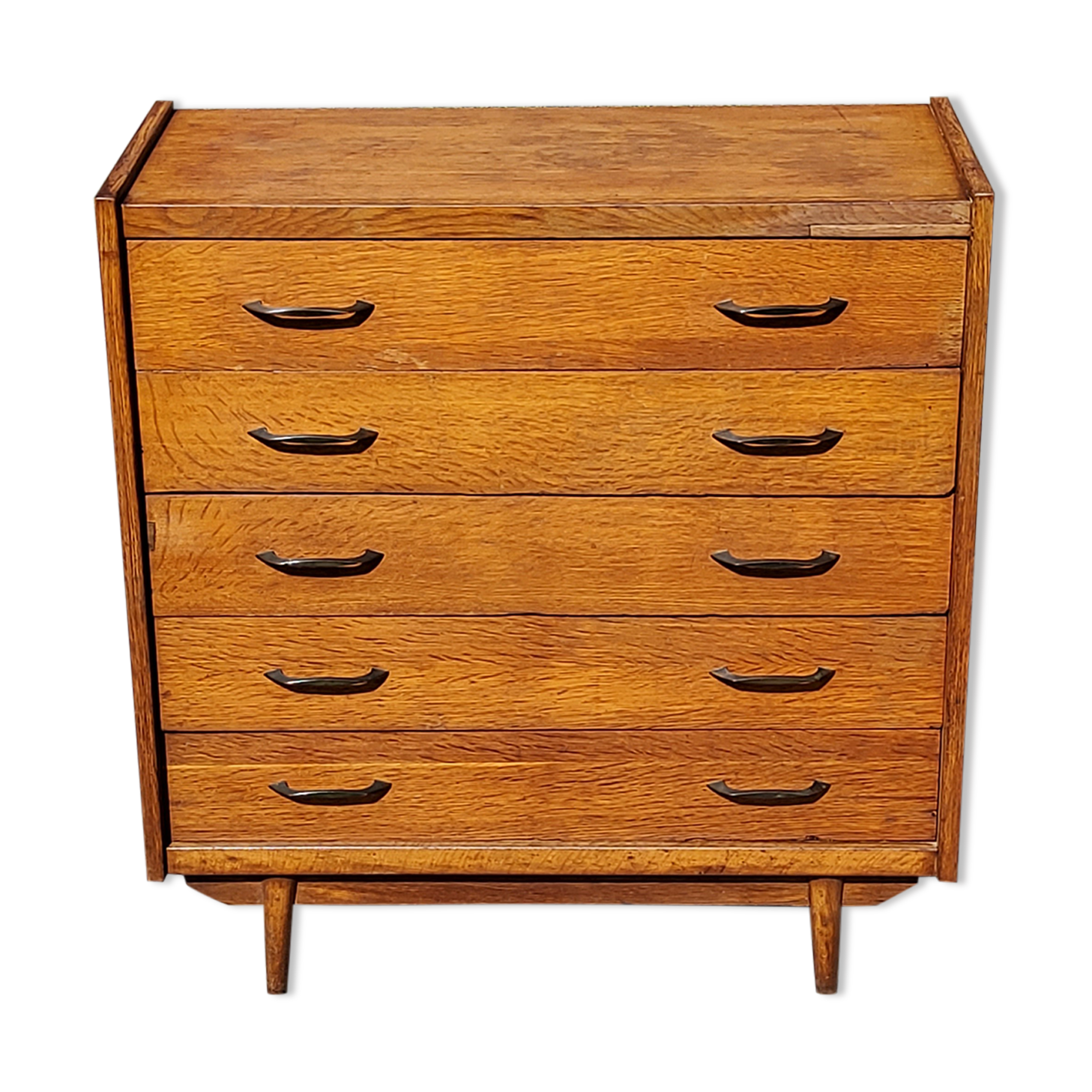 Chest of drawers of the 50s in golden blond oak 5 drawers conical feet