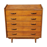 Chest of drawers of the 50s in golden blond oak 5 drawers conical feet