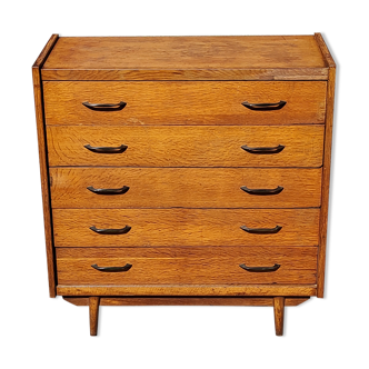 Chest of drawers of the 50s in golden blond oak 5 drawers conical feet