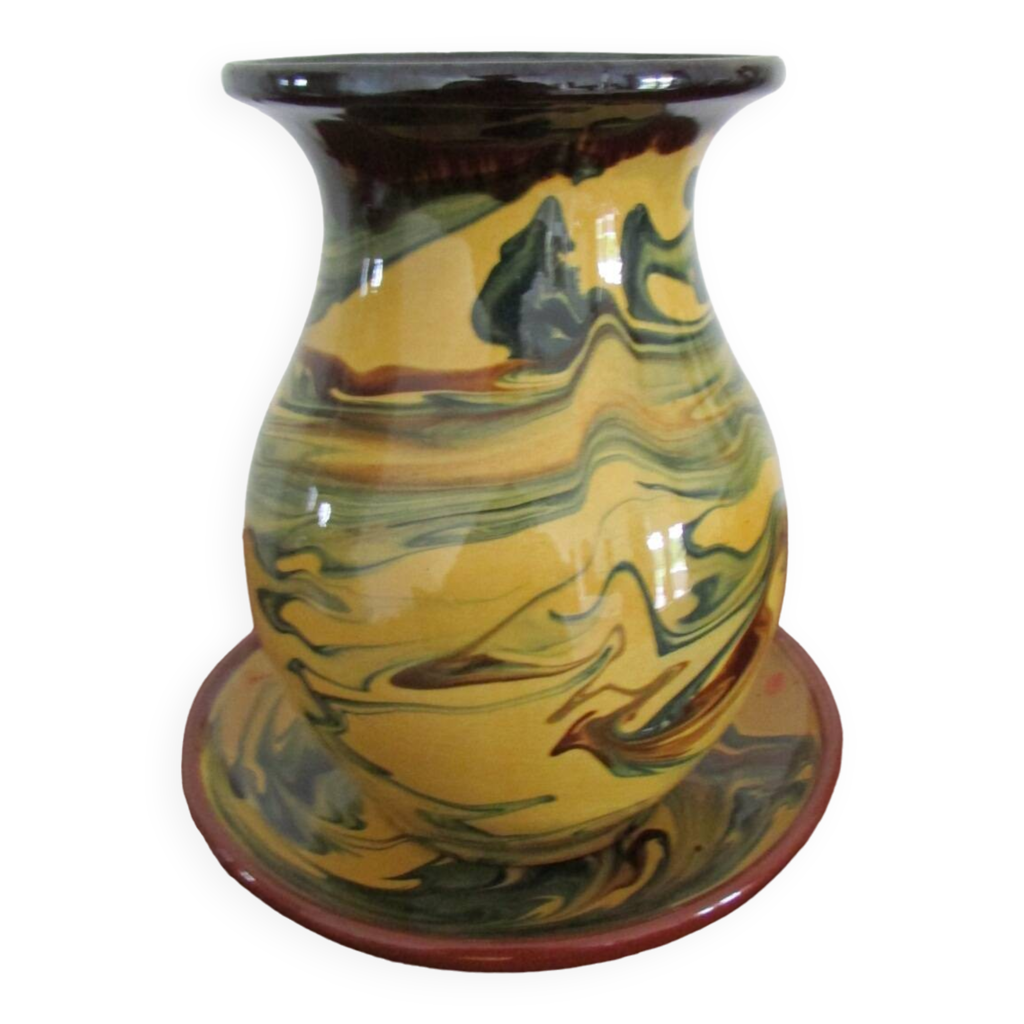 Matching vase and bowl in marbled glazed terracotta