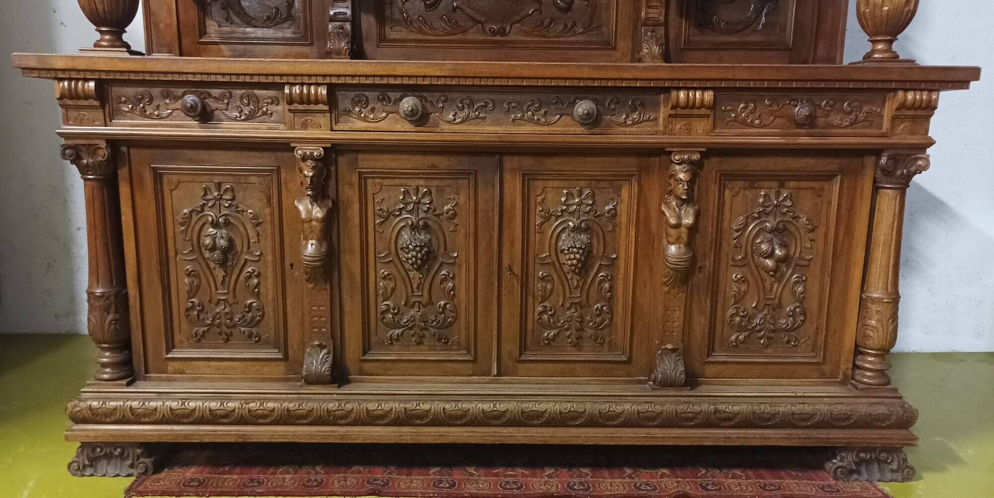 19th-century Renaissance walnut two-body buffet