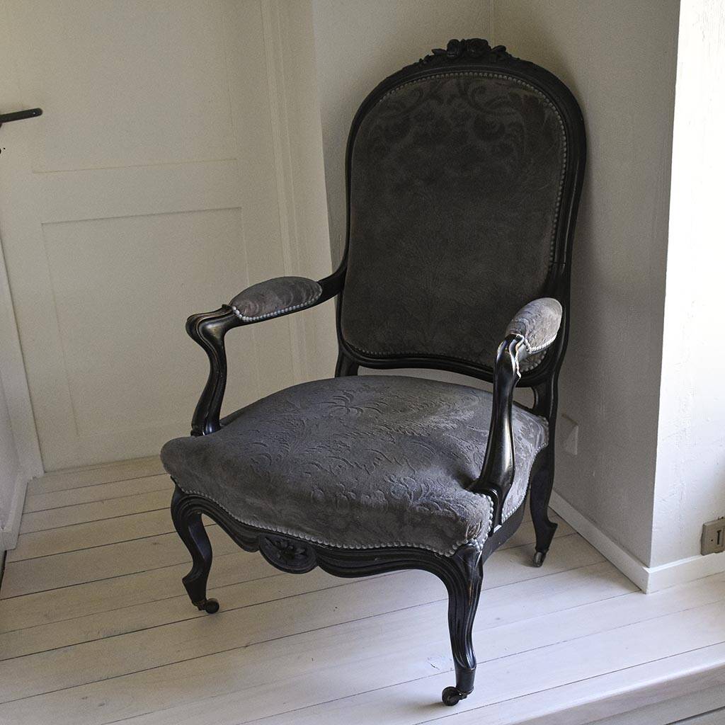 Antique armchair from the Napoléon III era, black wood with grey embossed velvet.