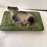 Rectangular butter dish with slip cow