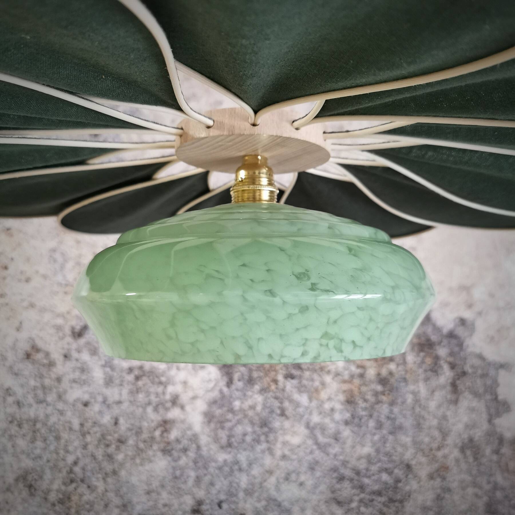 Rattan and Green Linen Flower Pendant Light and Vintage Clichy Glass Globe