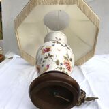 Lampe céramique Moustiers & socle bois avec abat-jour tissu beige vintage