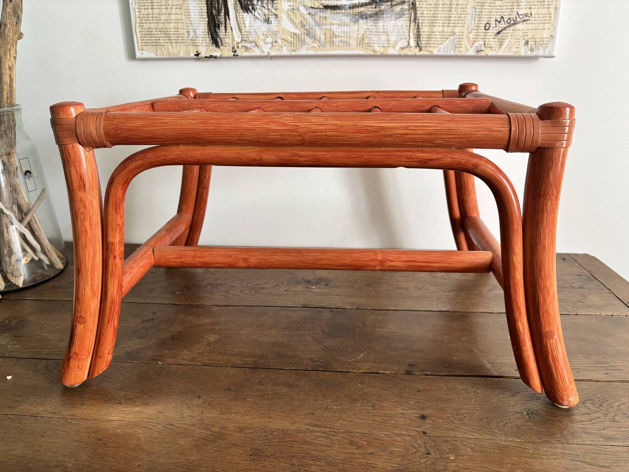 Vintage bamboo and curved rattan luggage rack