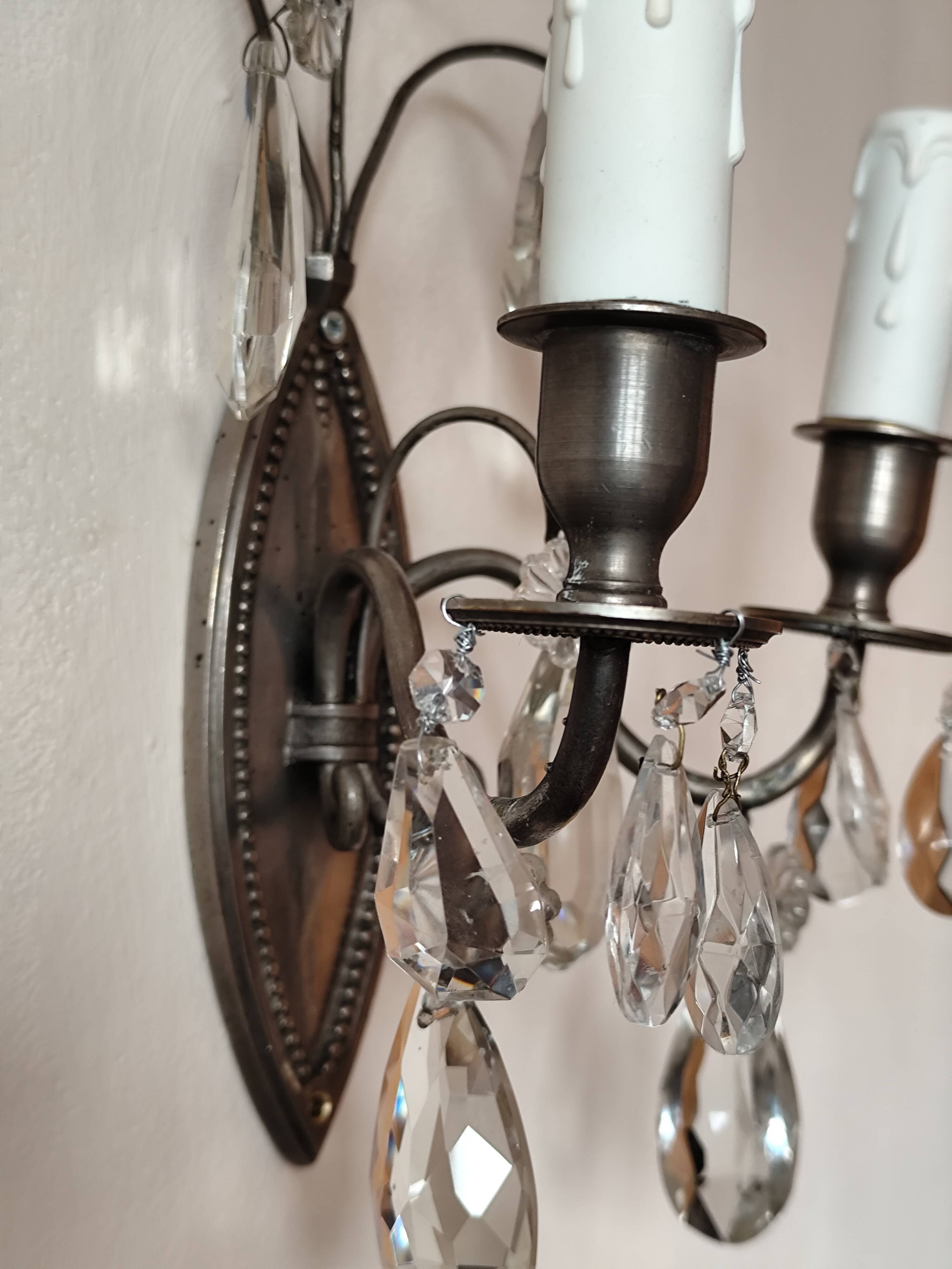 Wall light in tinned brass and crystal pendants - rococo light 2 lights