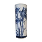 Blue and white porcelain cylinder vase with bamboo decoration | vintage Japan