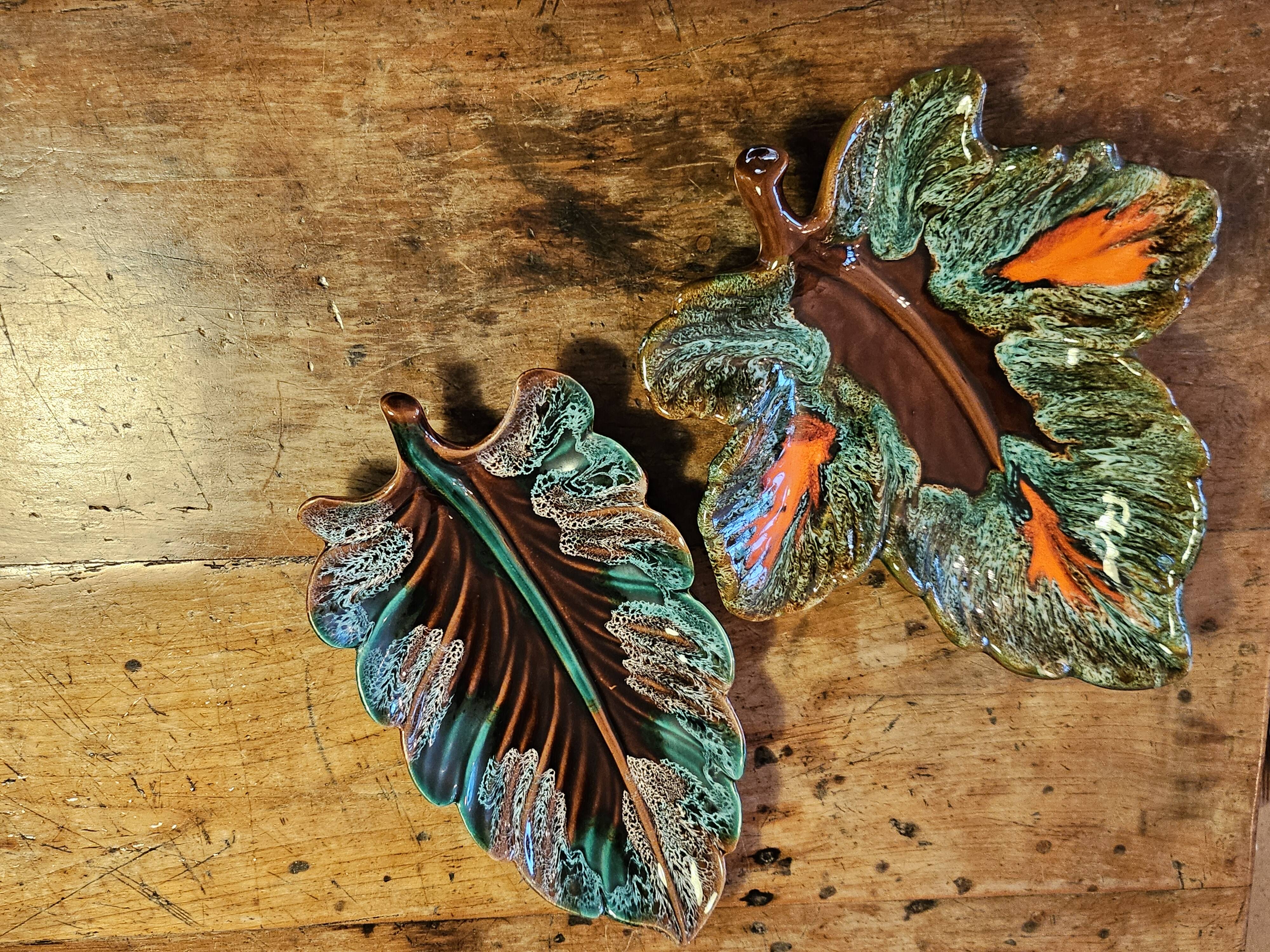 Set of 2 leaf-shaped ceramic dishes from Vallauris.