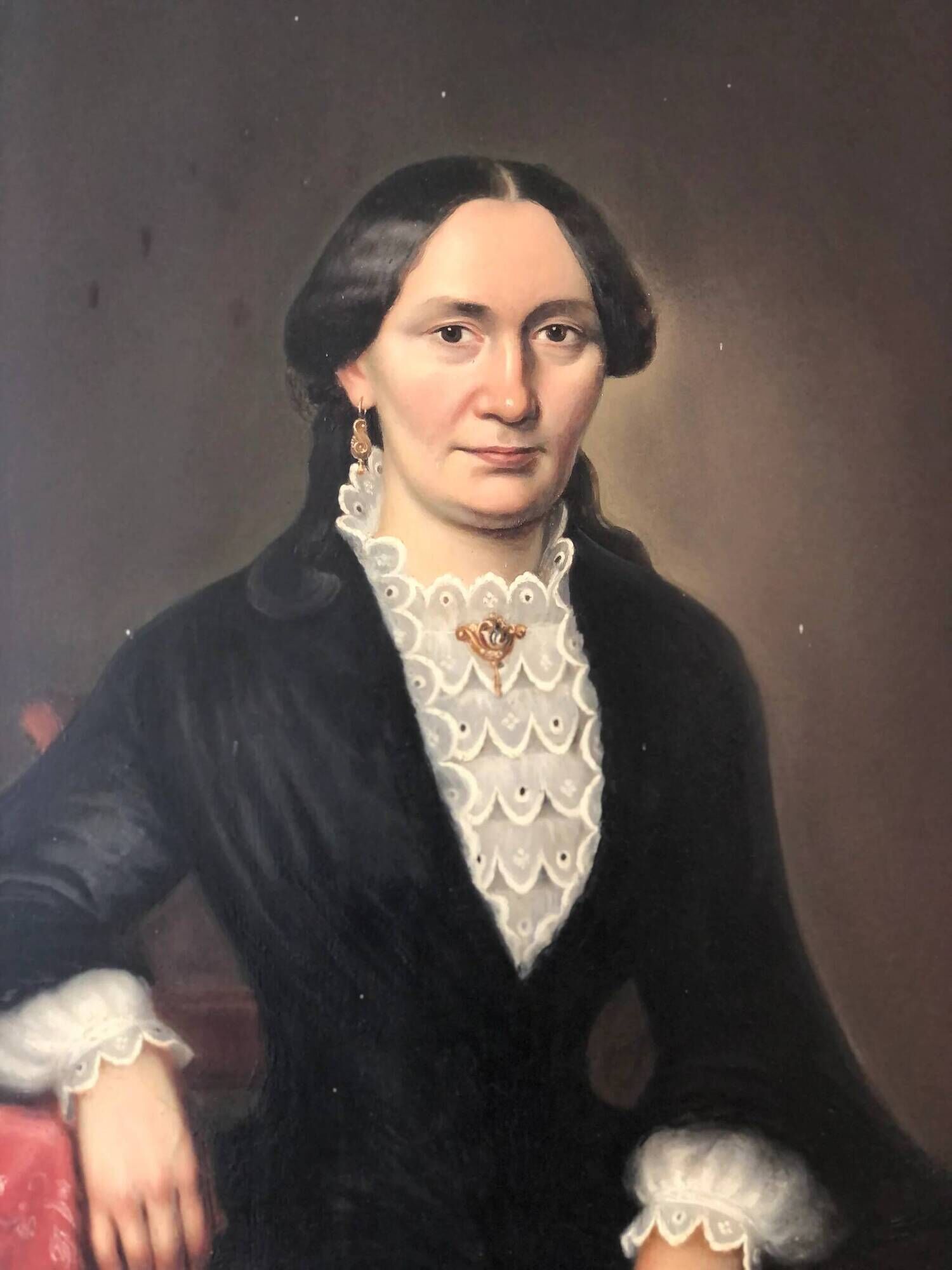 Antique oil portrait painting, framed large lady portrait, c. 1840