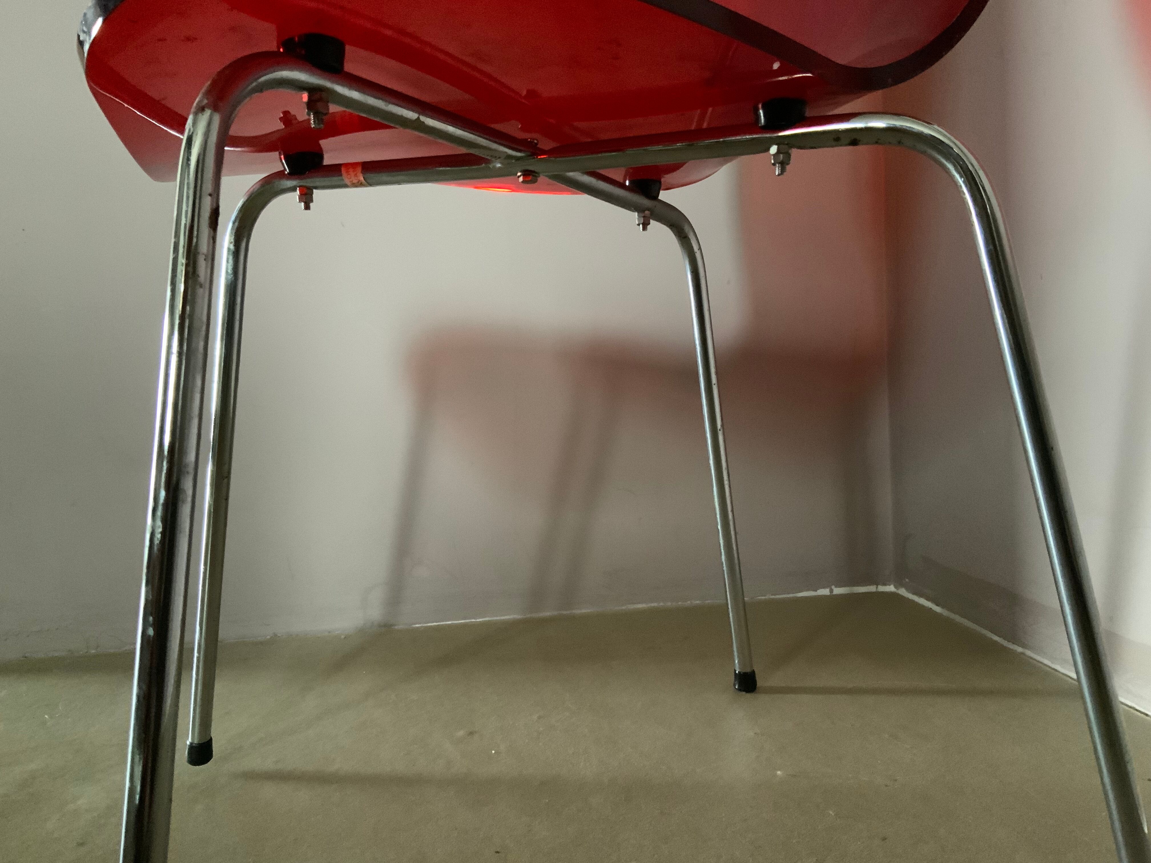Vintage red acrylic chair, 60s 70s design, chrome metal plexiglass