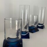 4 blue crystal glasses with rectangular base