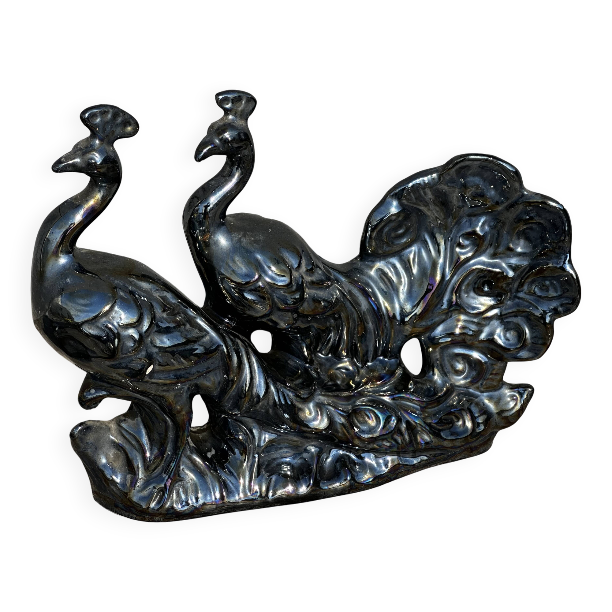 Centerpiece Pair of Peacocks Ceramic Vallauris Iridescent Anthracite Grey