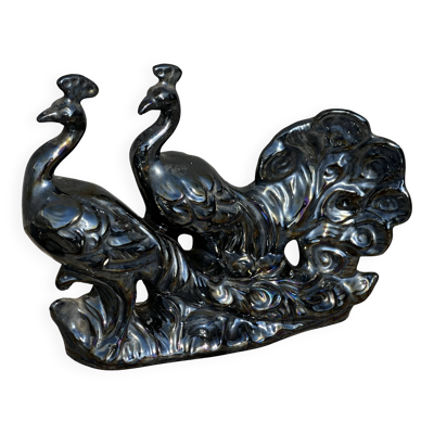 Centre de table Paire de Paons Céramique Vallauris Gris Anthracite irisé