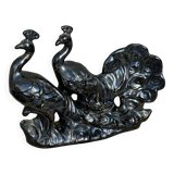 Centerpiece Pair of Peacocks Ceramic Vallauris Iridescent Anthracite Grey