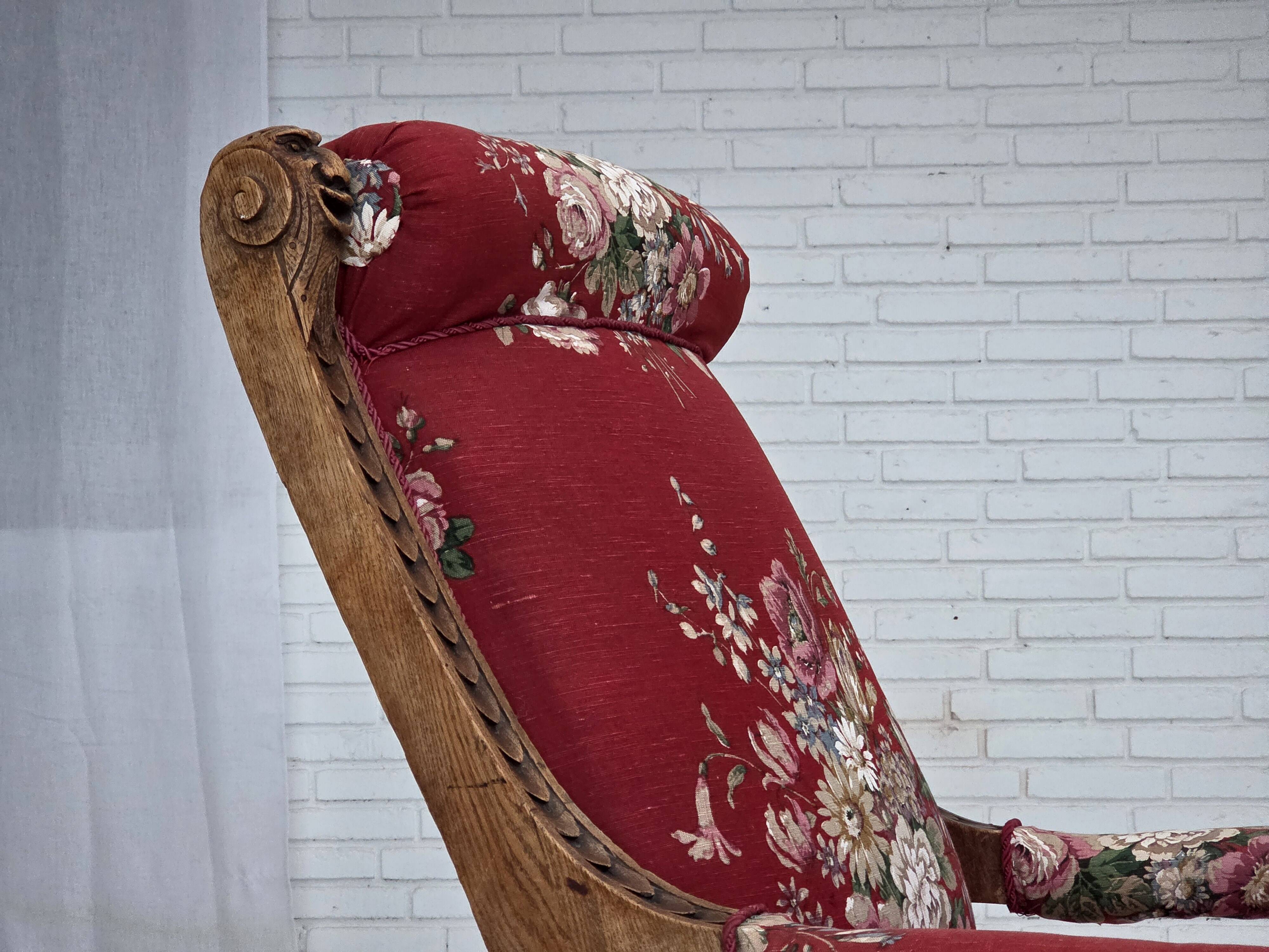 1920-30s, Danish armchair, furniture cotton fabric, hand carved oak wood.