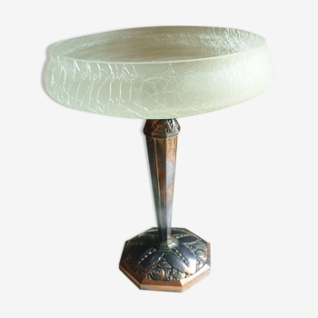 Large cut, stylized décor, 1920/30 art deco, frosted glass, "broken" and patinated zamak metal