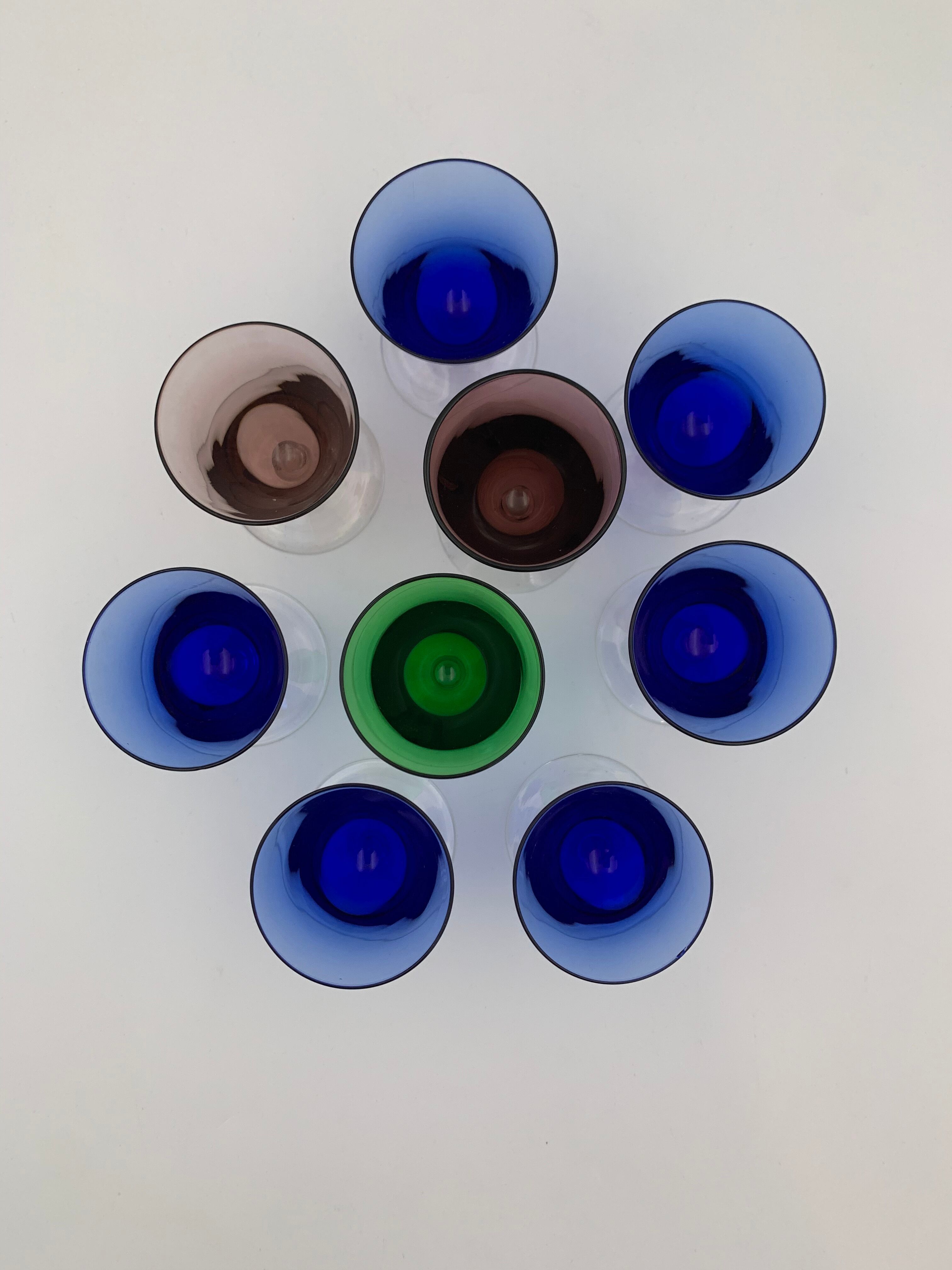 Nine vintage liquor glasses, coloured glass 20th century
