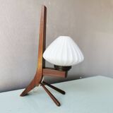 Vintage wooden tripod lamp with pleated glass lampshade, 1970