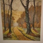 Lithograph of a woodland path, gilt frame, with embossed foliage decoration, 1950s