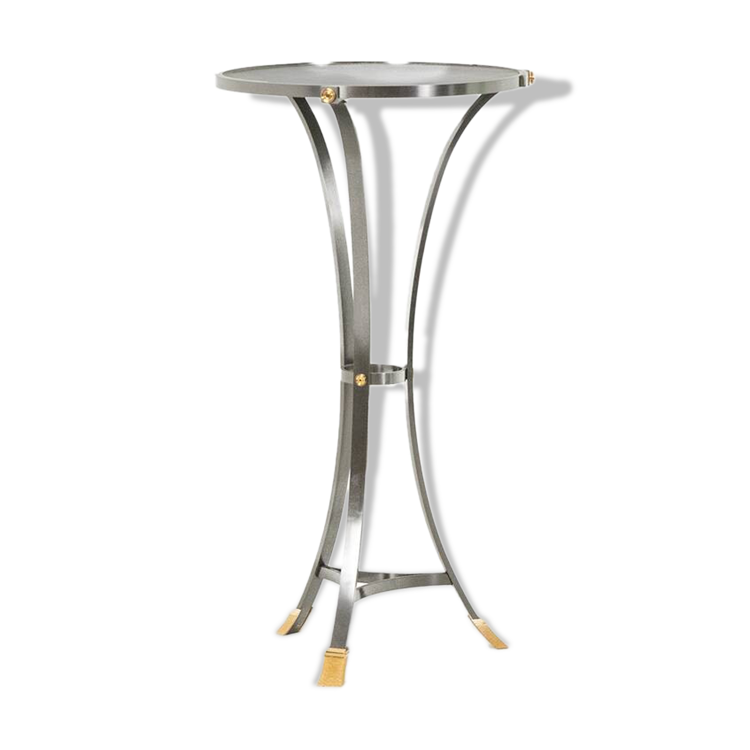 “Canabas” pedestal table in patinated leather, steel, and gilded brass. Contemporary. LS59502209H