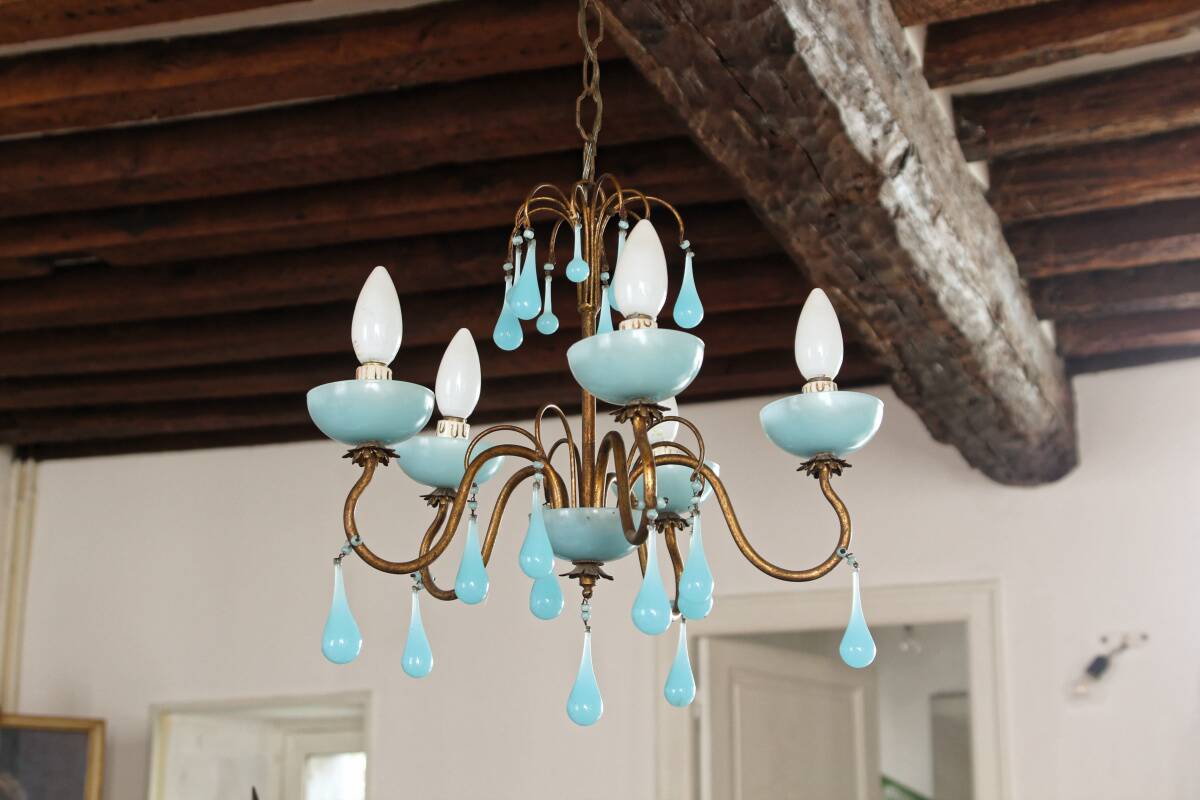 5-light chandelier in brass and blue opaline, 1950s