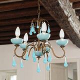 Lustre 5 feux en laiton et opaline bleue, années 50