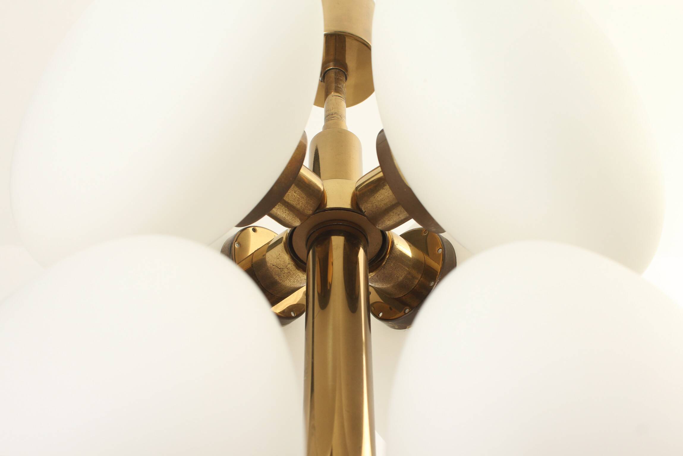 Brass and opaline Sputnik chandelier by Kaiser Leuchten, Germany, 1960s.