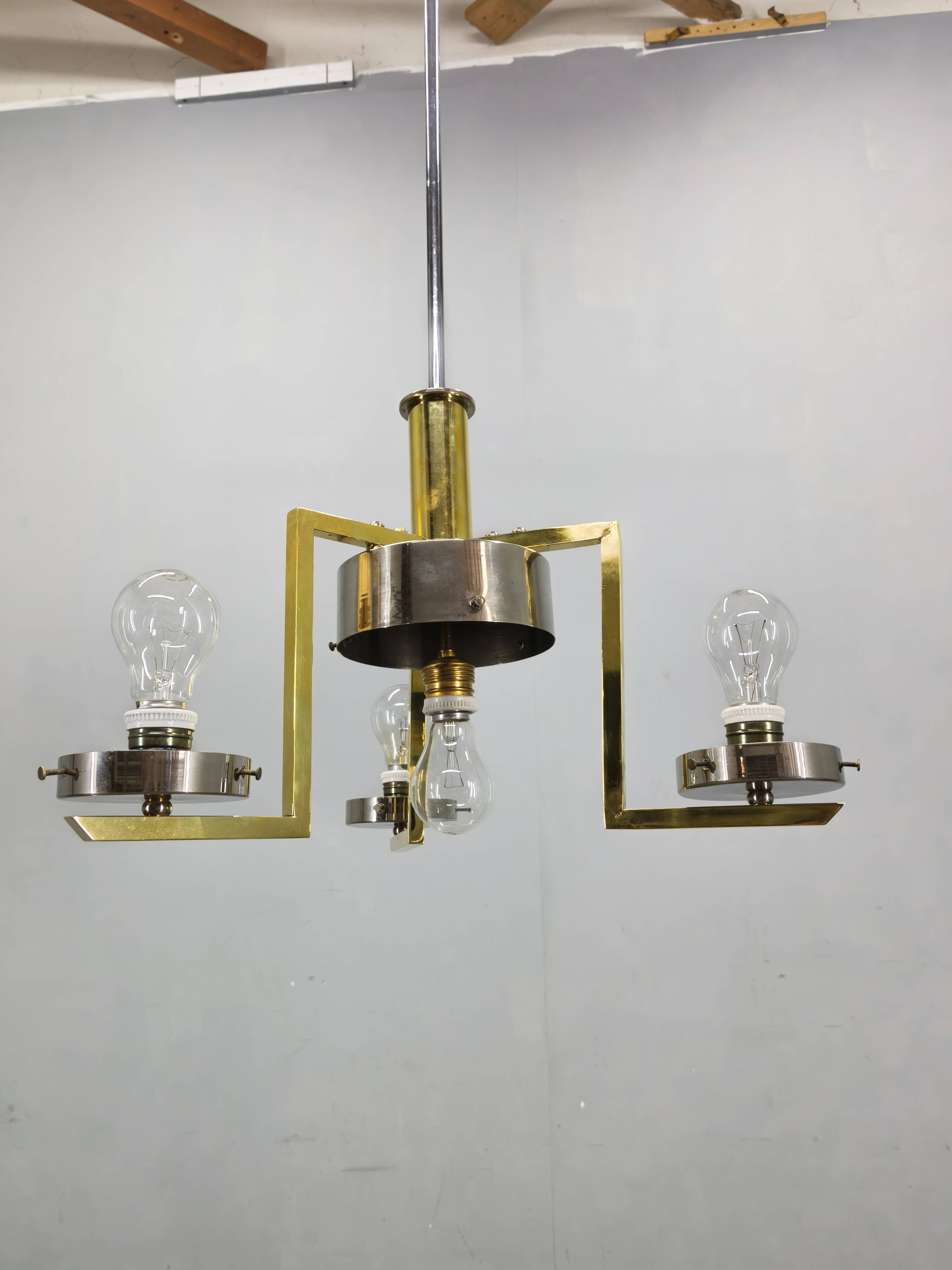 Czechoslovak Art Deco Chandelier in Brass and Chrome with Opaline Glass, 1930s
