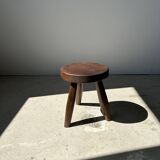 Tripod stool in upcycled teak, low flat - Small tripod stool in brown solid wood, circular seat