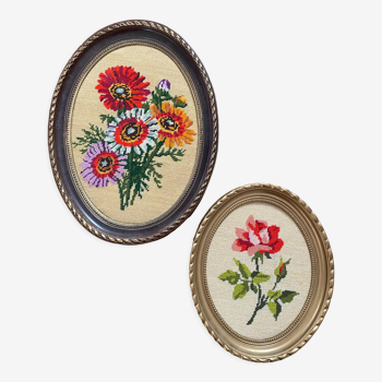 2 cadres ovales broderies florales vintage