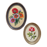 2 oval frames vintage floral embroidery