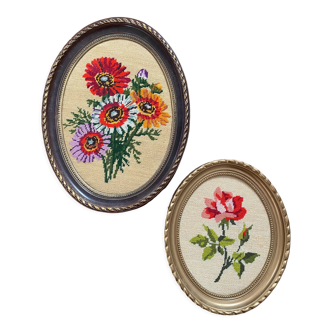 2 oval frames vintage floral embroidery