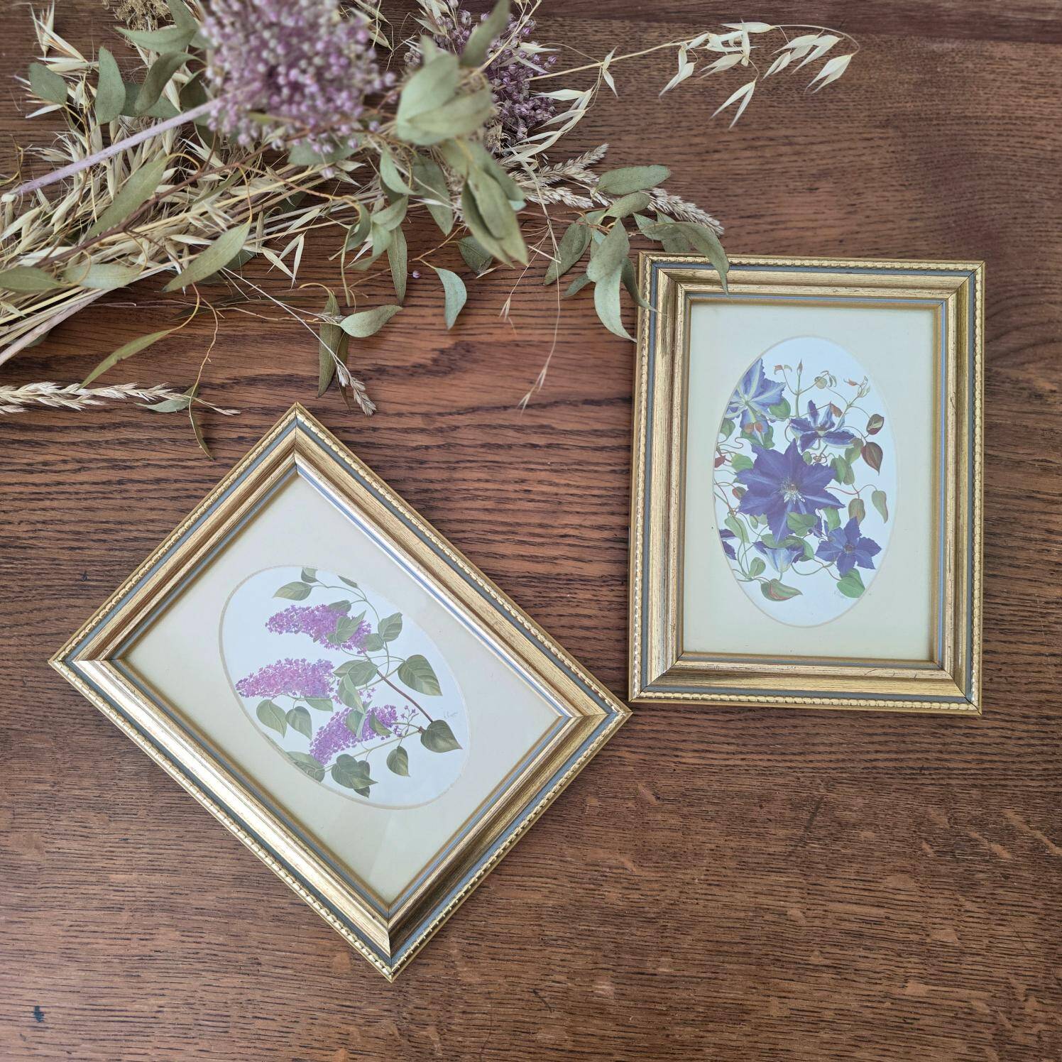 Set of 2 gilded frames under glass – V. Mappin purple flowers – 21.5 x 16.5 cm