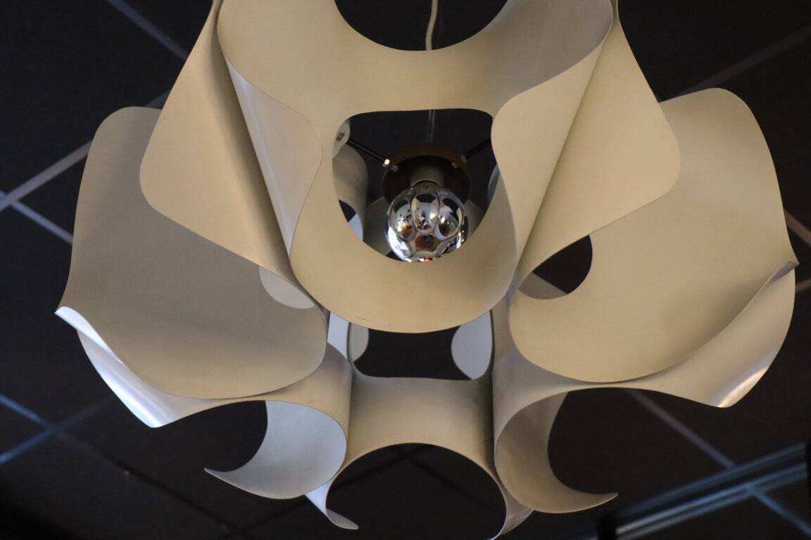 Space Age pendant lamp by Jean D'Imbleval in white lacquered aluminum, 1970