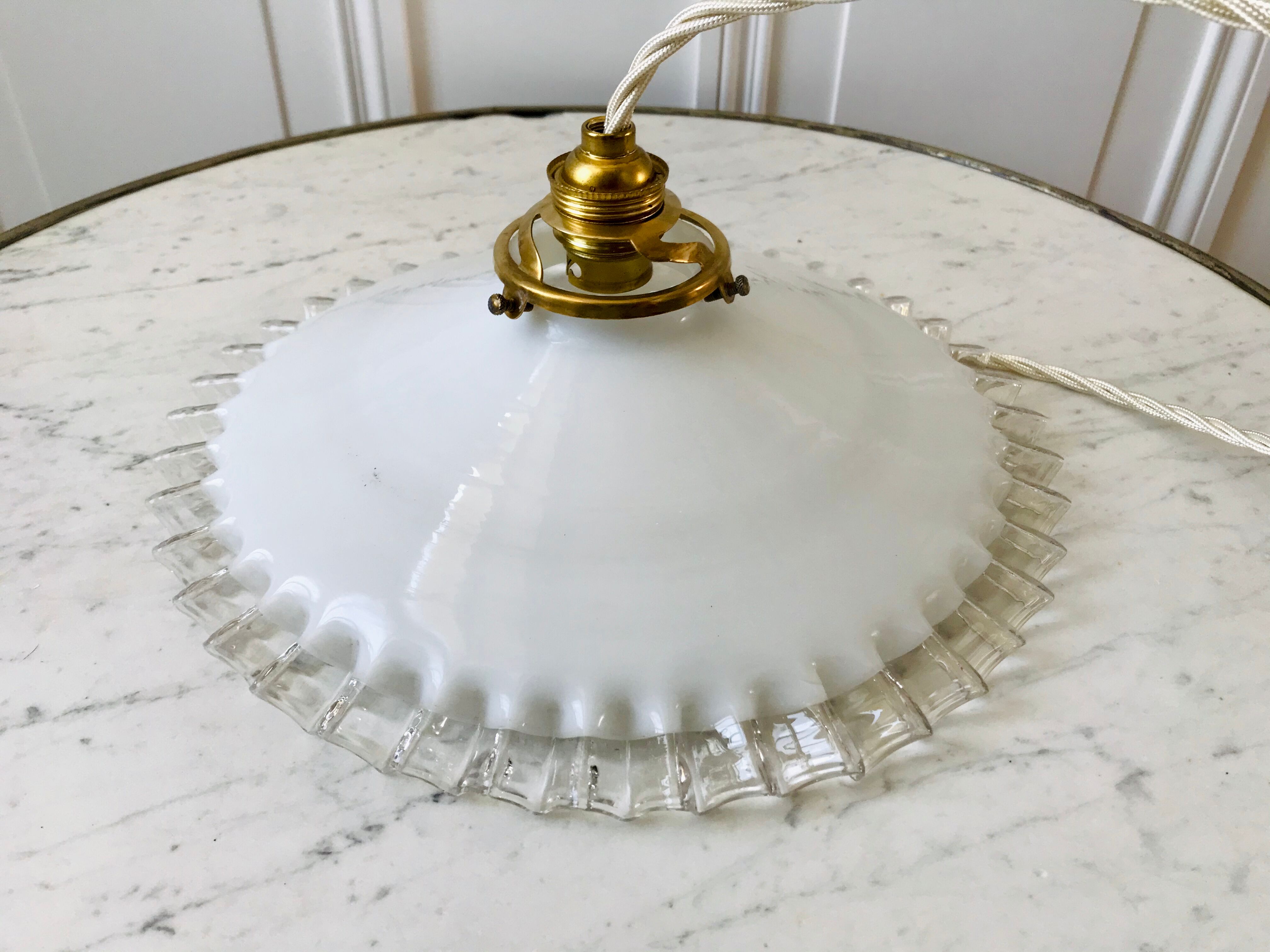 Vintage 50s serrated opaline pendant lamp