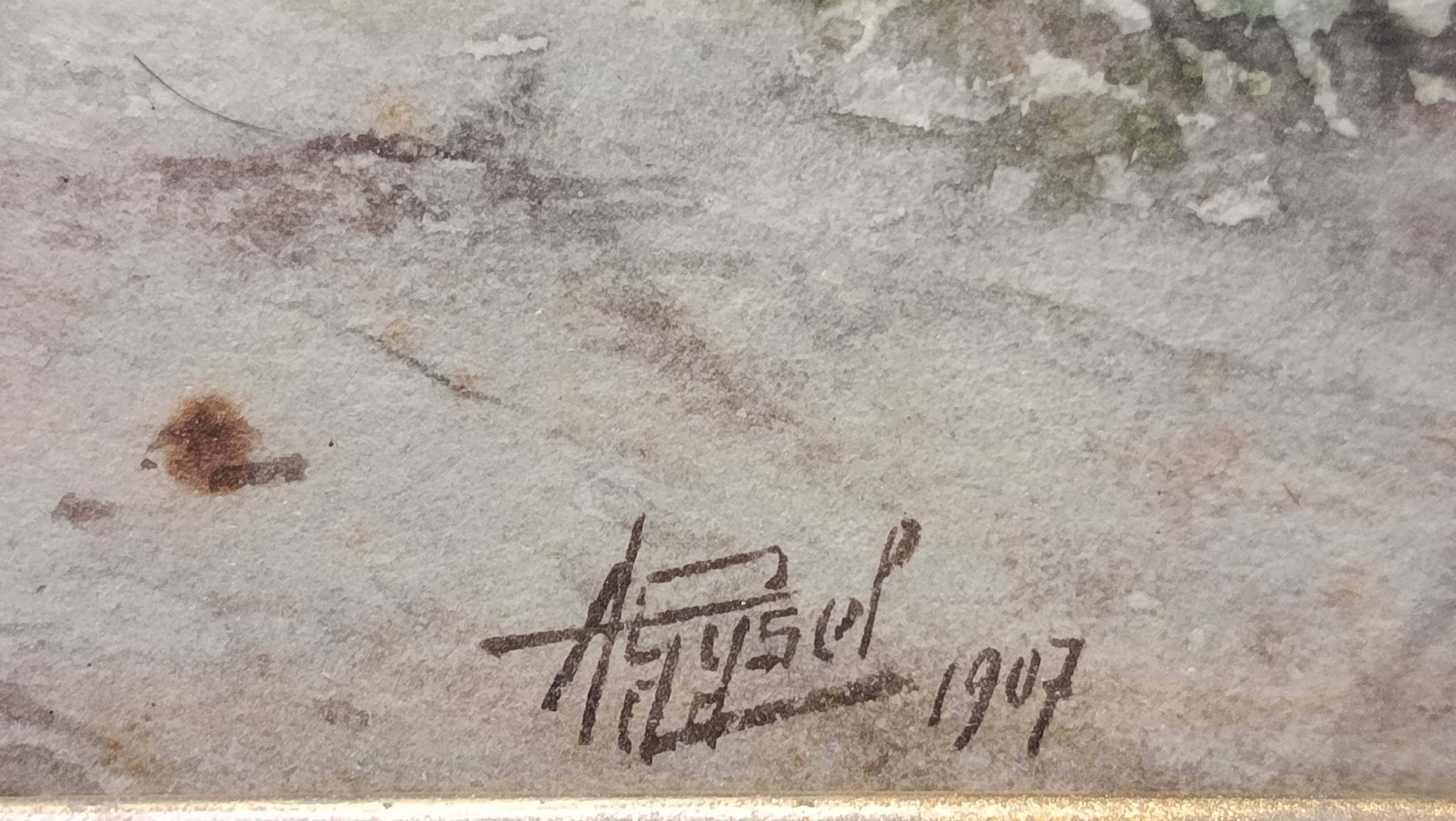 WATERCOLOR 1907 by Albert GYSEL Farm at LA MOTTE AU BOIS towards the North BOURRE