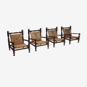 Rustic modern french rush armchairs in stained wood