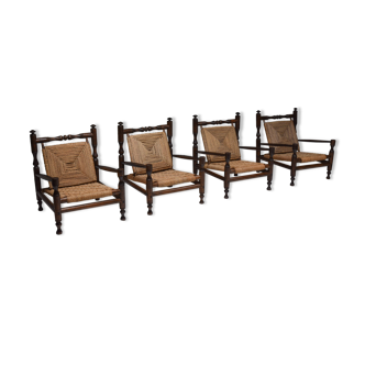 Rustic modern french rush armchairs in stained wood
