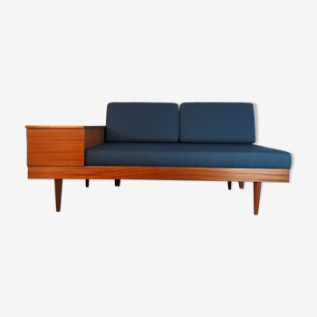 Canapé daybed teck et tissu bleu design Ingmar Relling, Norvégien 1960