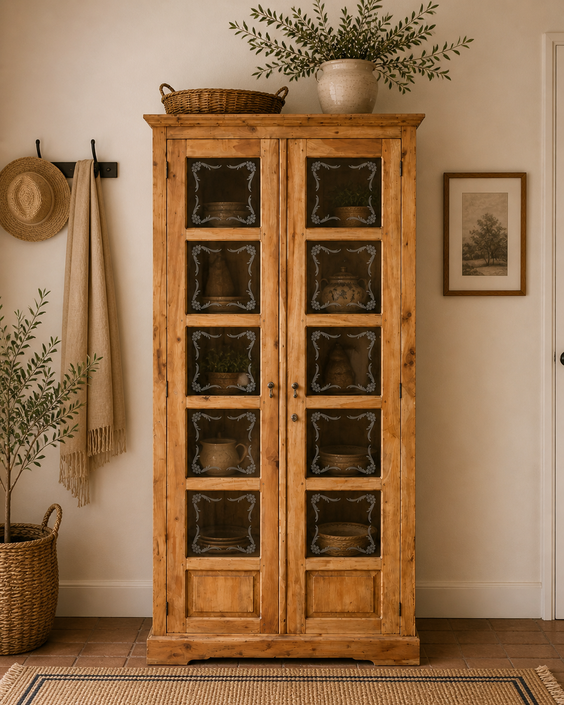 Parisian wardrobe in raw wood with engraved glass from 1920.