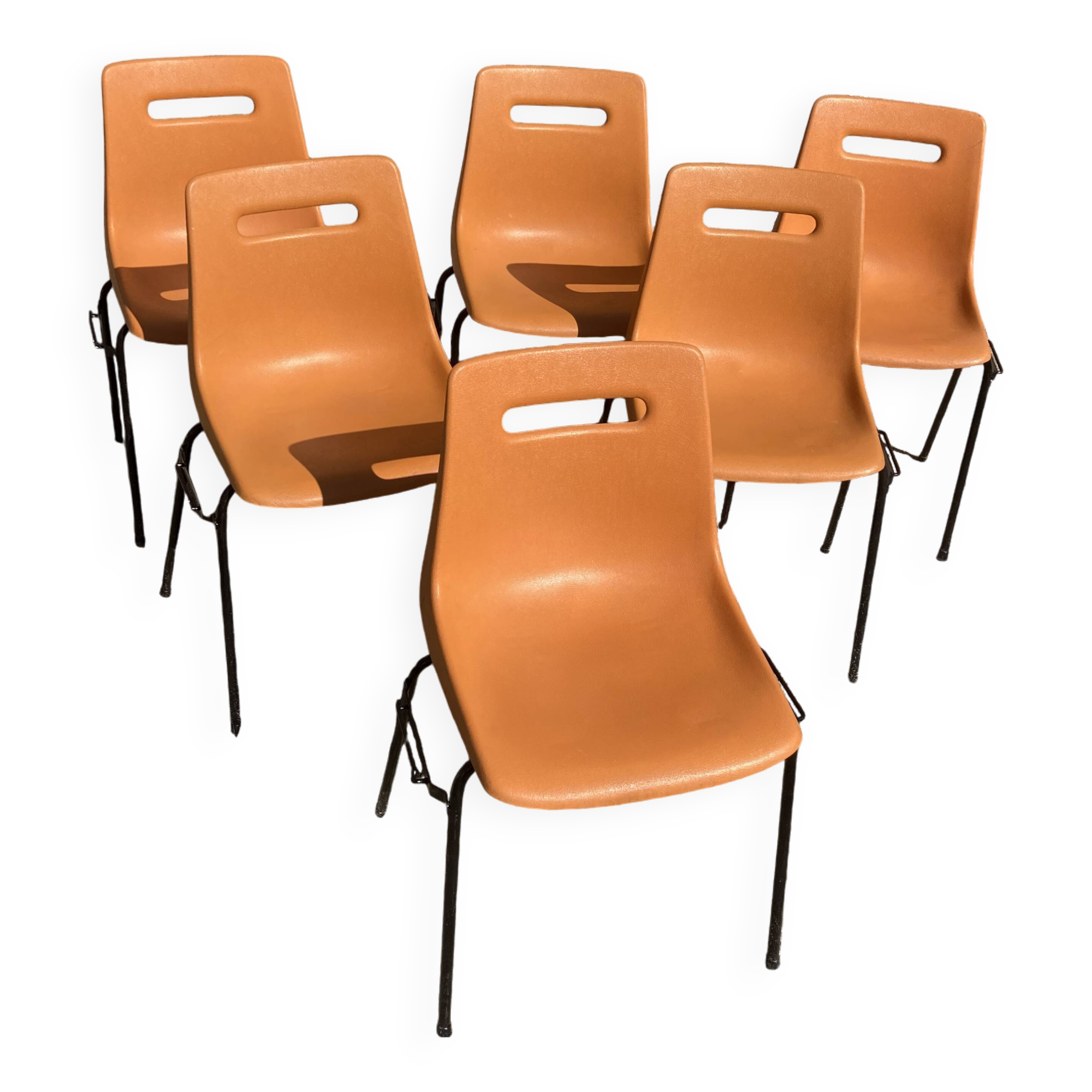 6 Grosfillex chairs from the 70s with orange shell.