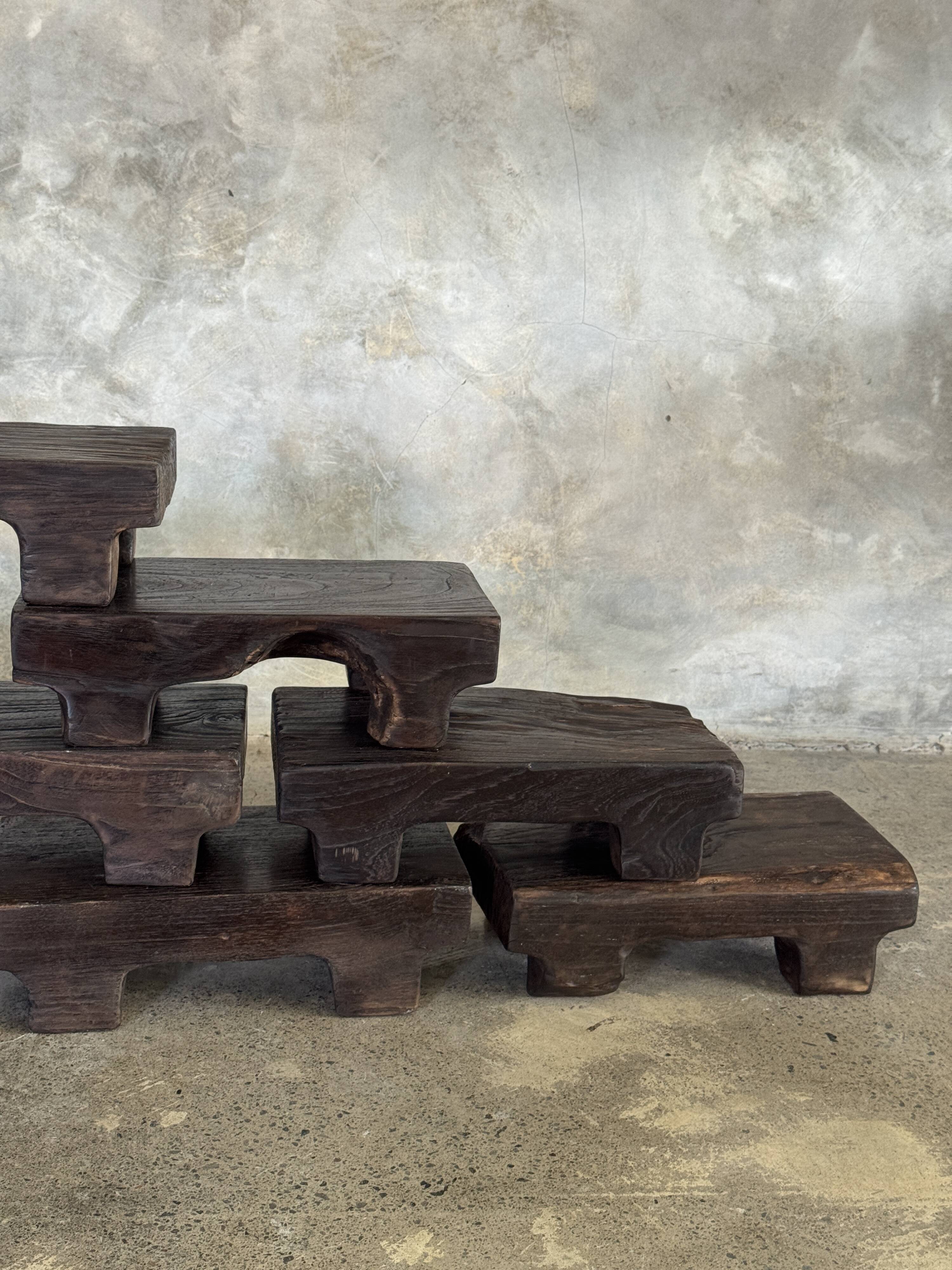 Small stool, black solid teak accent stool wabi-sabi L30 W8.5 H6.